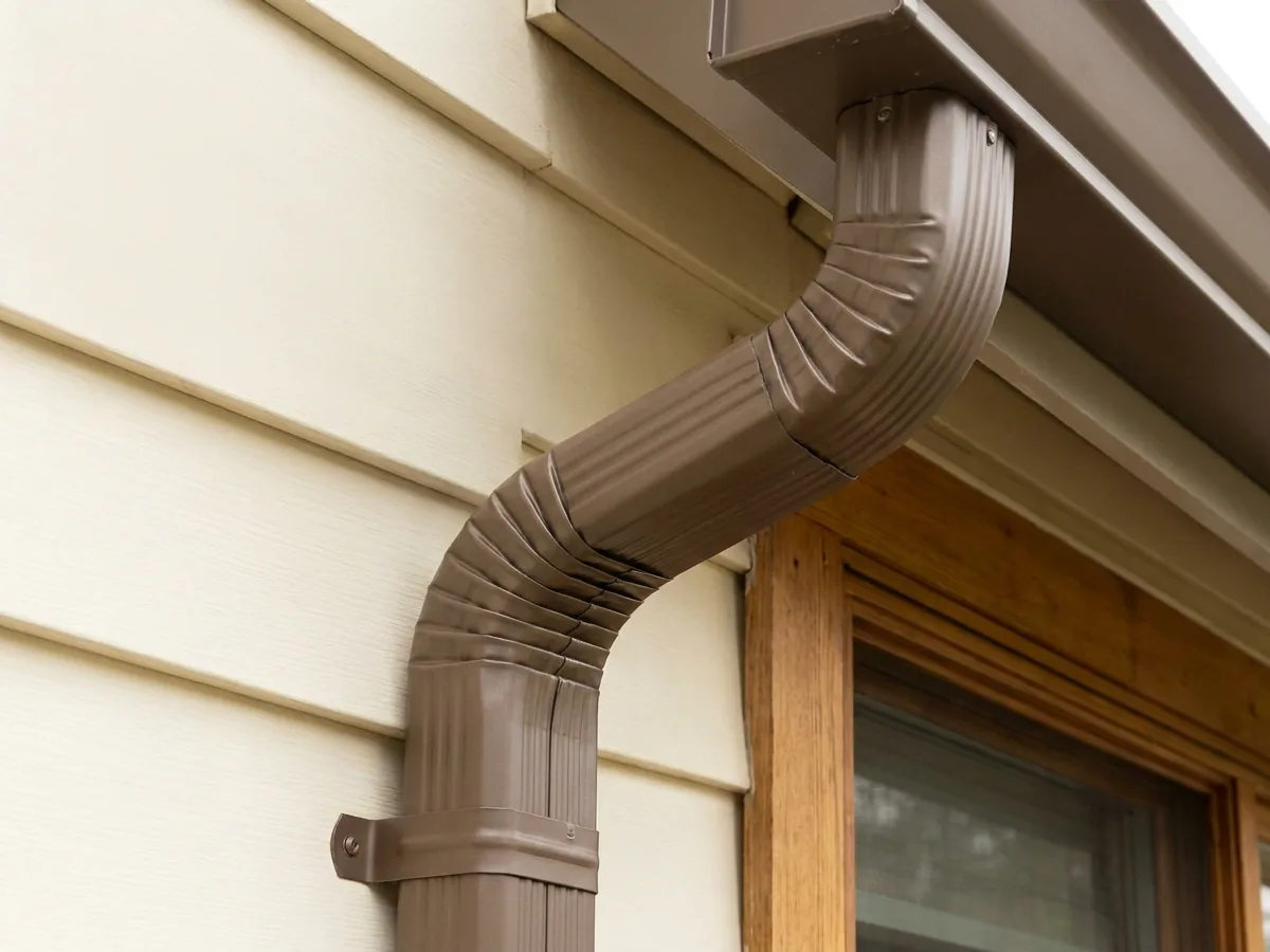 2x3 corrugated aluminum downspout and elbow at a gutter outlet