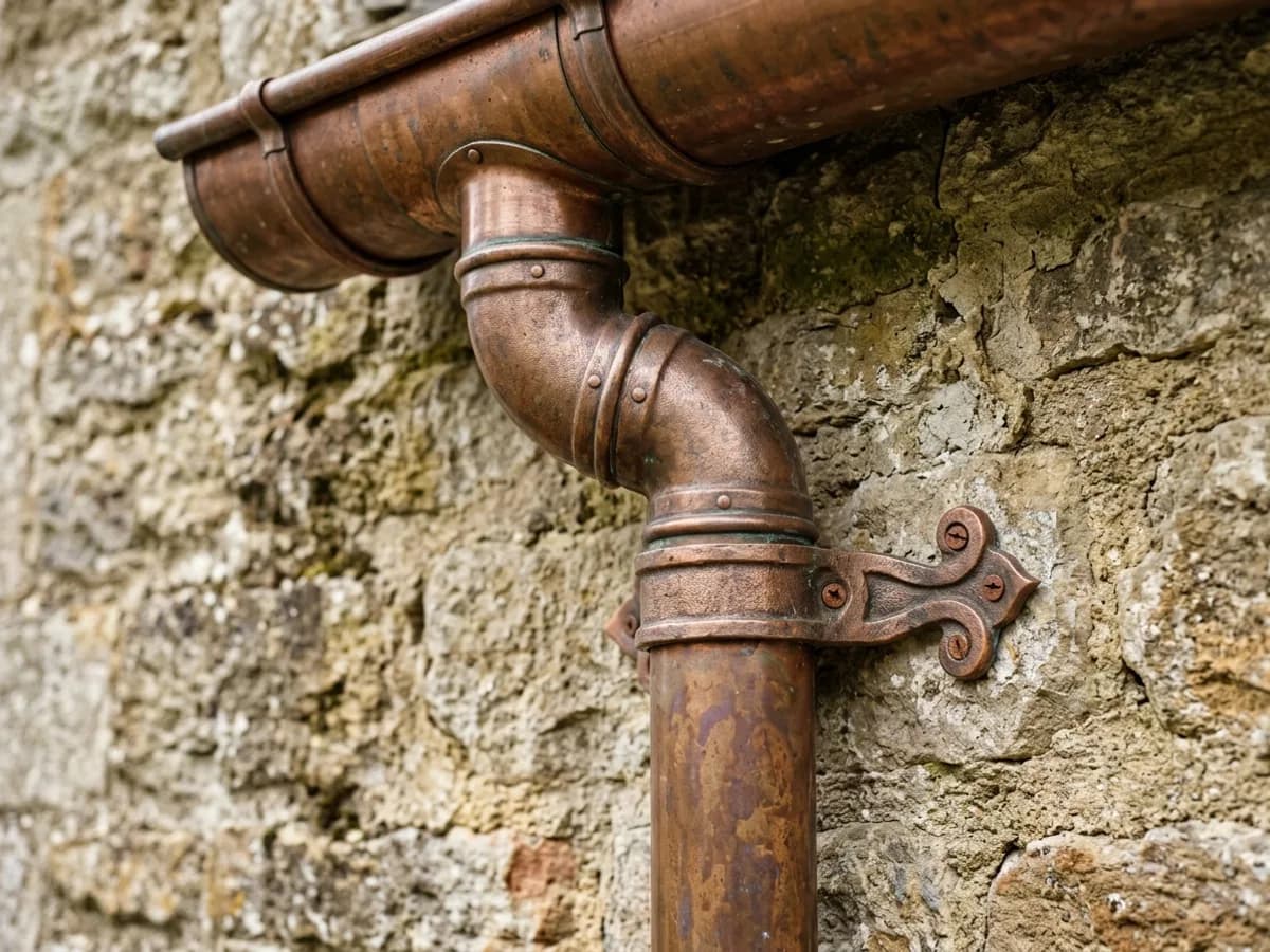 Round copper downspout with cast elbow and strap