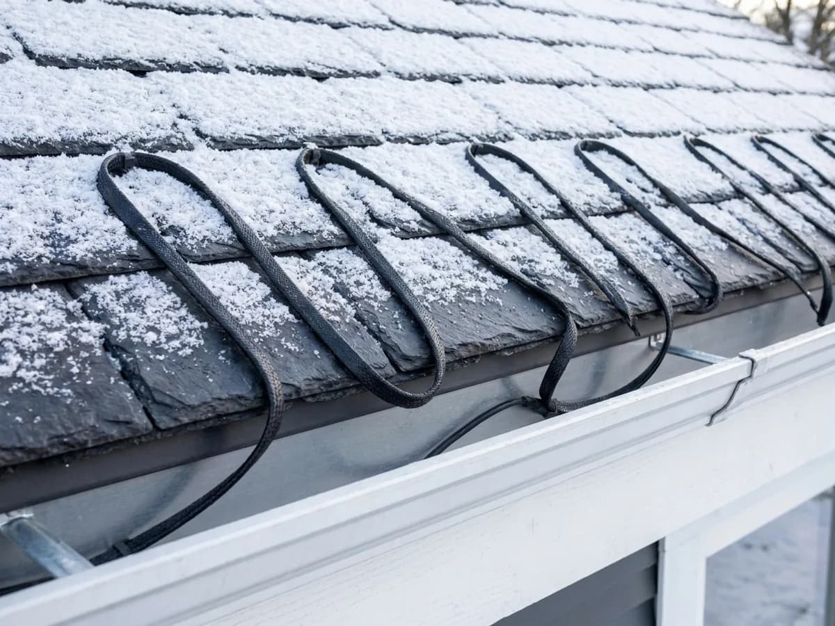 Heat cable zigzagged along a slate roof edge and inside the gutter