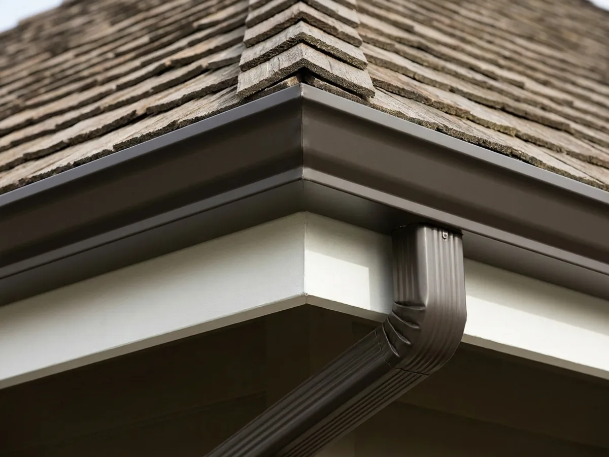 Seamless K-style aluminum gutter in dark bronze on a composite shake eave