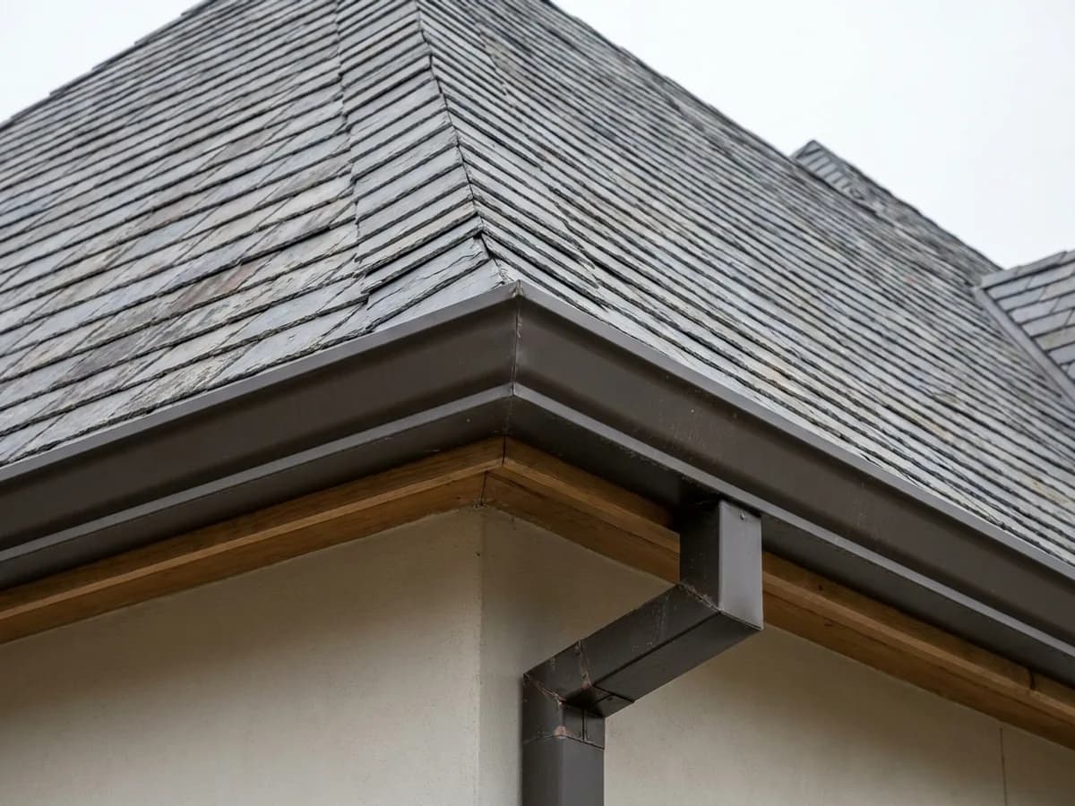 Oversized 6-inch K-style gutter and 3x4 downspout on a steep slate roof