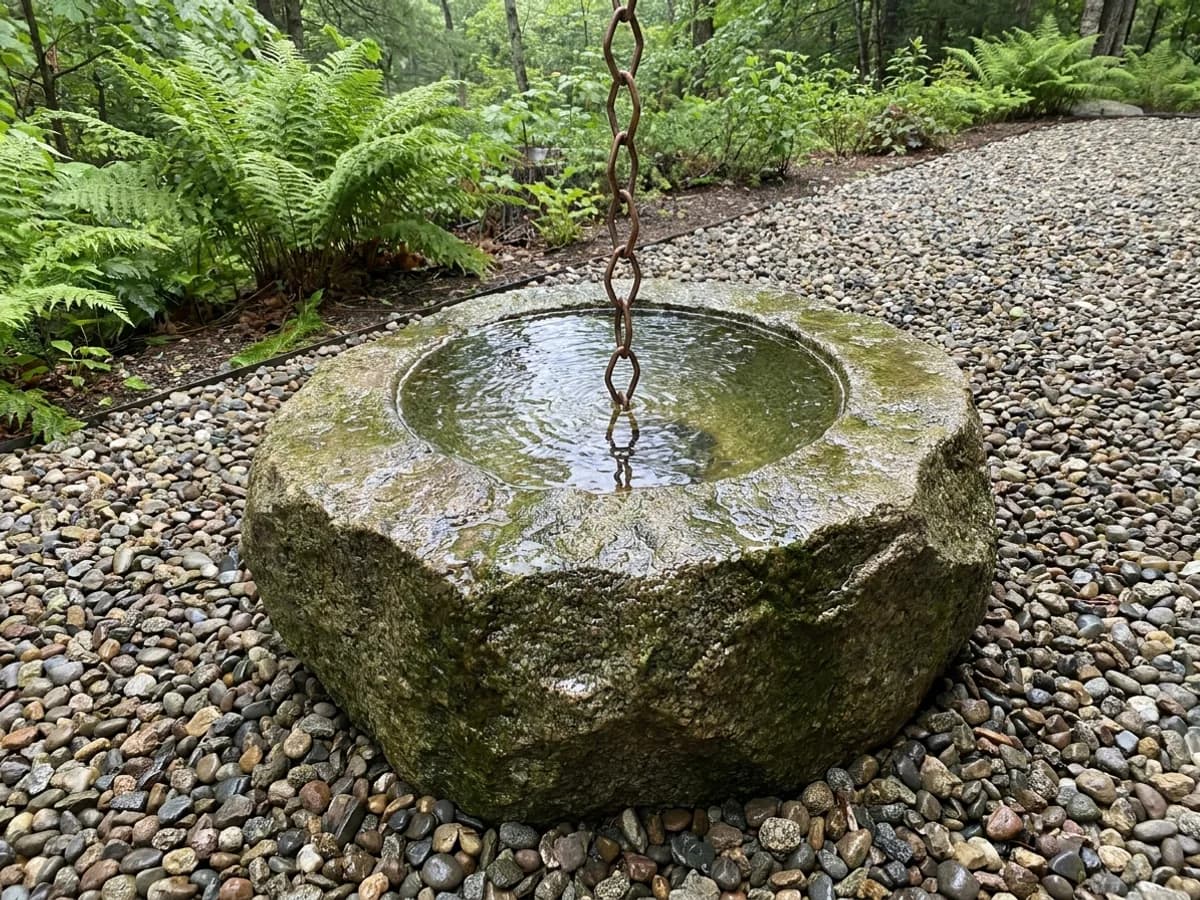 Carved granite rain chain basin with a copper link chain