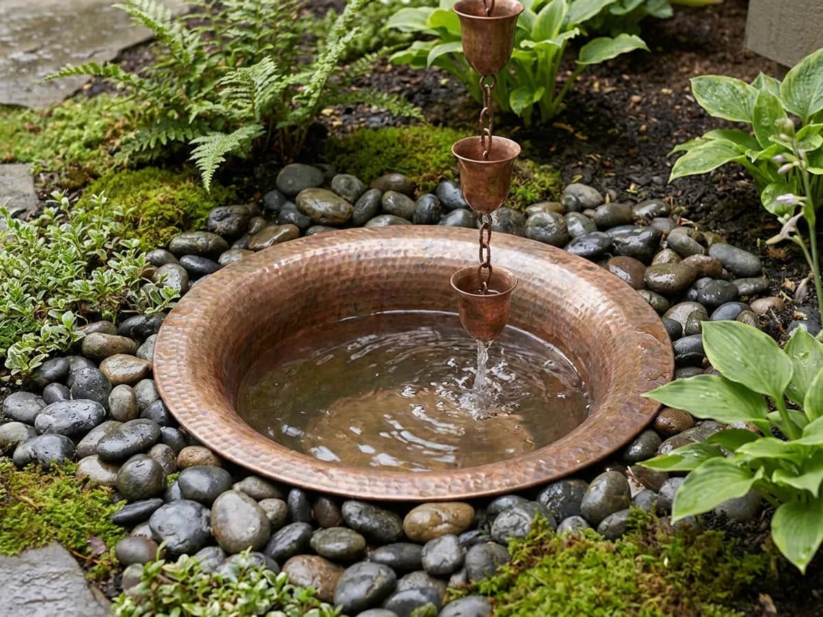 Hammered copper rain chain basin at grade