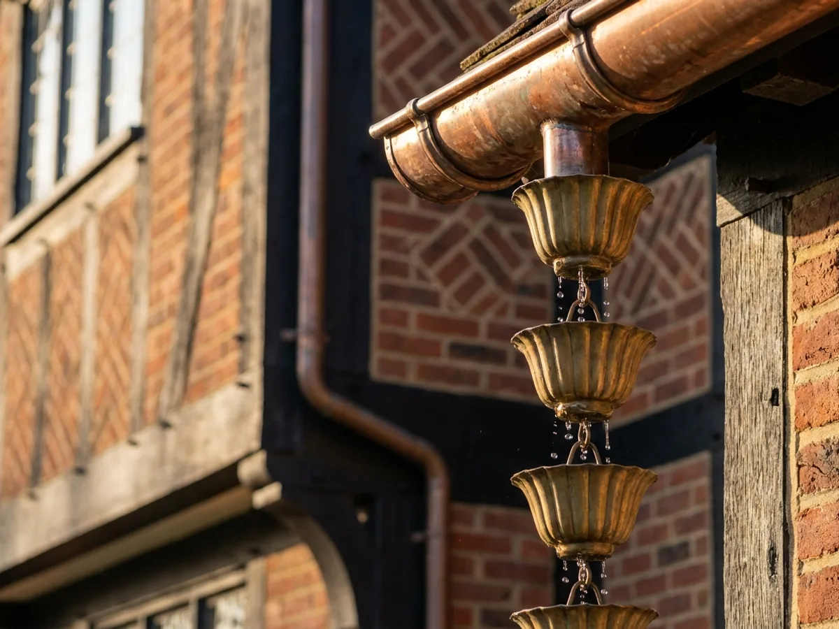 Brass fluted-cup rain chain on a copper half-round gutter