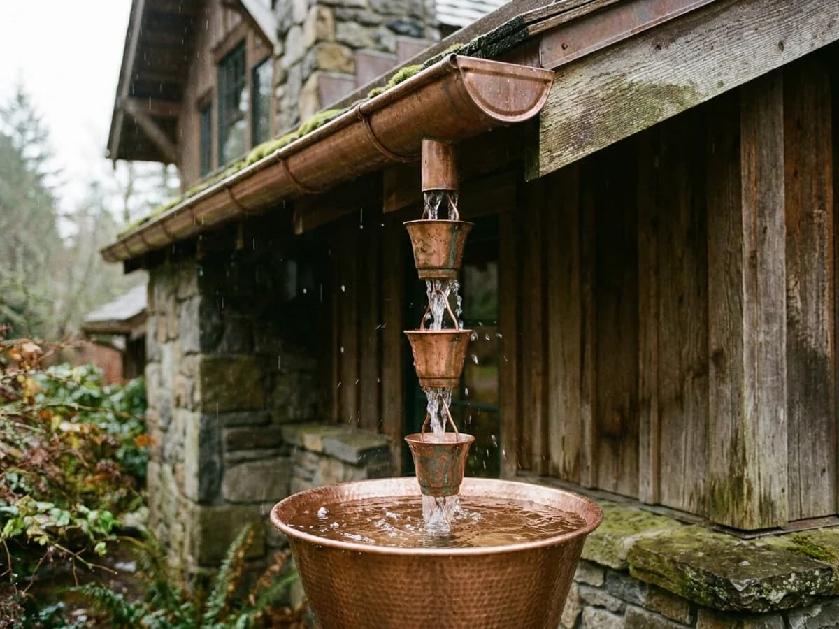Copper cup rain chain running into a copper basin