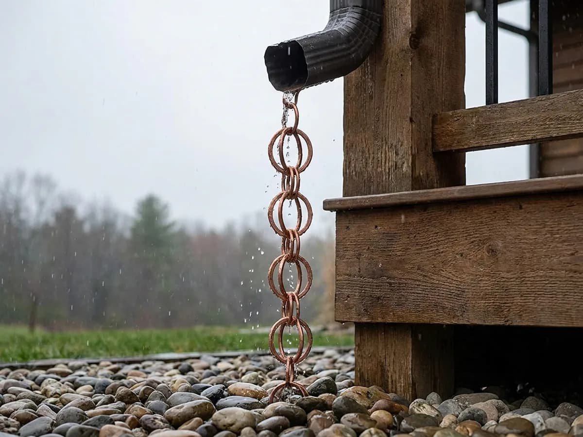 Copper link rain chain running into river stone