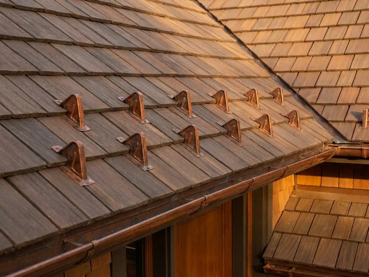 Copper pad snow guards on a composite shake roof above an entry
