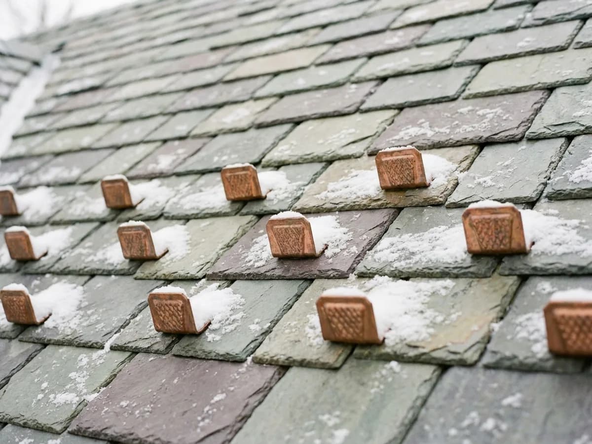 Copper pad-style snow guards in staggered rows on a slate roof