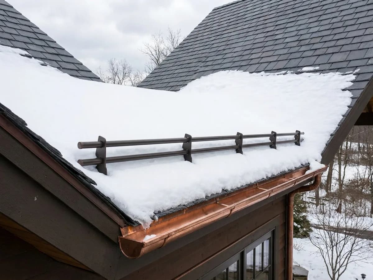 Two-pipe snow rail in dark bronze above the eave of a slate roof